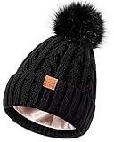 Winuesa Satin Lined Beanie for Women with Pom Pom, Fashionable Womens Winter Hats Silk Beanies, Cute Warm Knit Hat Skull Cap(Black)