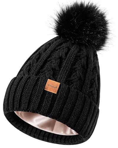Winuesa Satin Lined Beanie for Women with Pom Pom, Fashionable Womens Winter Hats Silk Beanies, Cute Warm Knit Hat Skull Cap(Black)