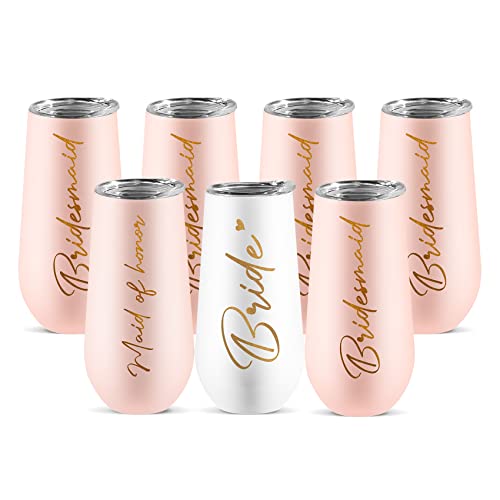ElegantPark Presentes de proposta de dama de honra, copas de champanhe para dama de honra, pacote de 7 presentes de despedida de solteira, presentes de despedida de solteira, copos de vinho com tampa,