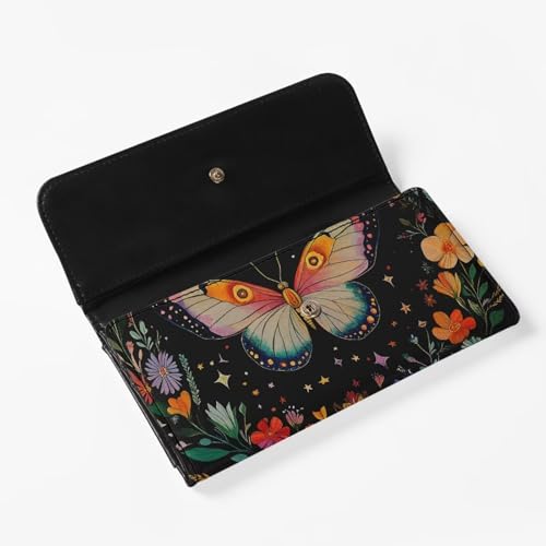 Night Butterfly Flowers Women Slim Wallet Black Long Trifold Clutch Checkbook Wallets, Painting Butterfly Stars Print PU Leathers Wallet Purse Credit Card Holder4