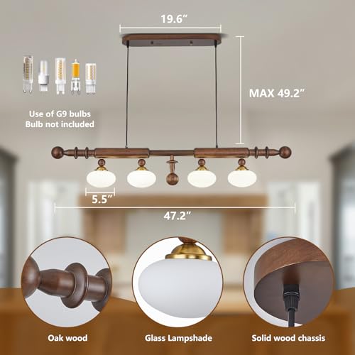 Image of Wood and Globe Linear Chandelier Wooden Farmhouse Dining Room Light Fixture Rustic 4-Light Linear Kitchen Island Lighting Mid Century Modern Globe Hanging Pendant Light with Milk Glass Lampshade