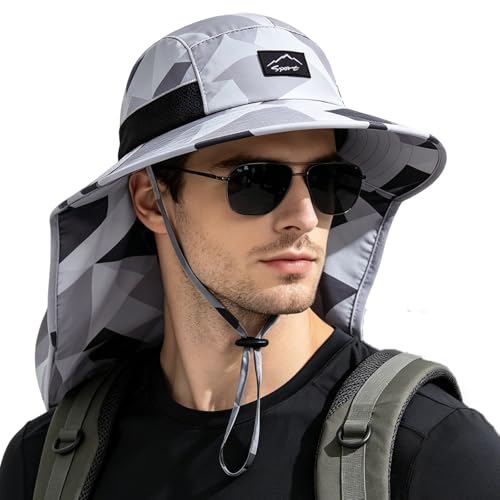 Image of Rosoz Outdoor Sun Hat for Men Women, UPF50+ Protection Safari Cap Wide Brim Mesh Fishing Hat with Neck Flap Beach Garden