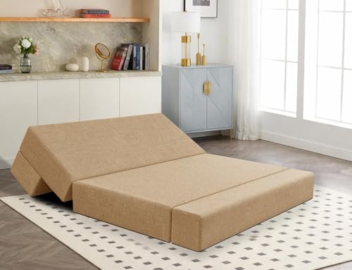 Image of Los Angeles Foldable 2 Seater Sofa Cum Bed, Sofa Bed 4X6 Feet Jute Fabric Washable Cover- Including Cushion Perfect for Living Room