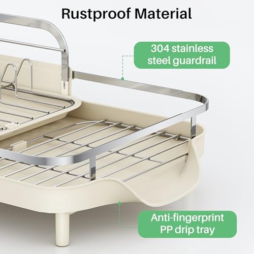 Image of SAYZH Dish Drying Rack - Expandable Dish Rack for Kitchen Counter, Rust-Resistant Dish Drainer with Utensil Holder and Raised Guardrail, Kitchen Organizer for Cup and Bottle (Beige)