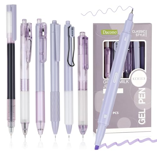 Dacono Pack of 7 Gel Pens Coloured Highlighter Writing Set, Aesthetic Retractable Black Gel Pens with 1 Highlighter, Grape Style - Ballpoint Pen 0.5 mm Perfect for Students, Journaling