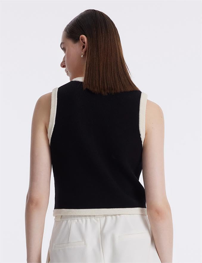 Image of Women's Striped Cropped Knit Vest - Sleeveless V Neck with Gold Buttons, Business Casual Multi-Season Layering Top