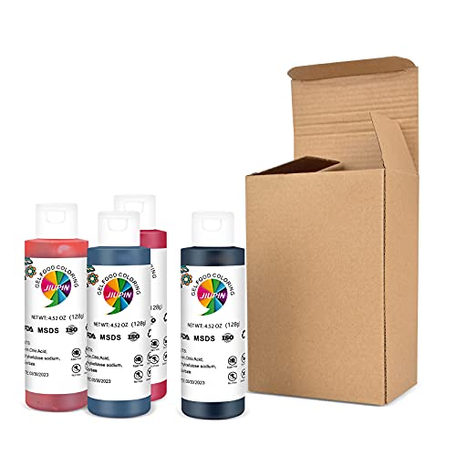JIUPIN Food Color Icing Colors, Gel-Based, Edible Color Pigment for Baking Cake Pastry Fondant Macaron Cream,Very Suitable for Home and Bakery Baking use,4 Color,(128g) Bottles JIUPIN Food Color Icing Colors, Gel-Based, Edible Color Pigment for Baking Cake Pastry Fondant Macaron Cream,Very Suitable for Home and Bakery Baking use,4 Color,(128g) Bottles