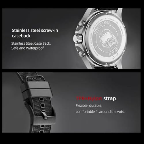 Lixada Solar Powered North Edge Watch for Men Outdoor Stainless Steel Electronic Chronograph Solar-Charged Watch180 Days Power Reserve Pilot Inspired Watch