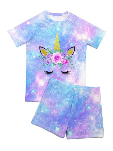 PARICI Girls Swimsuits Two Piece Rash Guard Set Short Sleeve Swimwear Kids Cute Summer Beach Bathing Suit