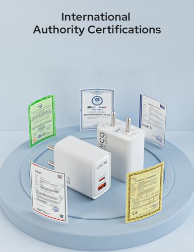 Image of COSTAR 65W GaN Fast Charger Type C with 1.2m 3A Fast Charging Type C Cable, QC /PD Dual Port USB A + Type C, Power Adapter Plug Wall Charger for Laptop, iPhone, Samsung, Realme, Xiaomi and Vivio Oppo