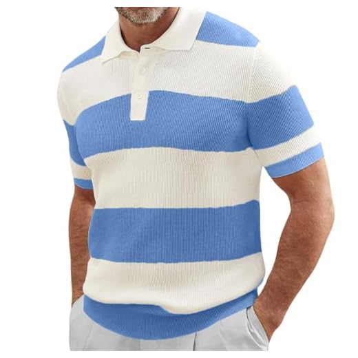Mens Polo Shirts Short Sleeve Knit Texture Wide Striped Casual Golf Tops Vintage Collared Summer T Shirts Regular Fit, Blue, XXL