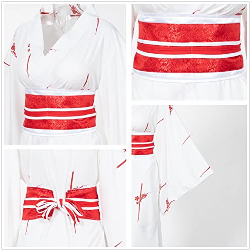 Japanese Anime Women's Kimono Robe Geisha Yukata Sweet Dress Blossom Satin Bathrobe Sleepwear Fans Tabi Socks Set White Sakura4