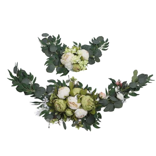 2個の架空のウェディングアーチャー、ウェディングウェルカムサインフローラル、リボンコード付きの絶妙なRomcシルクスワッグ、PEアーチr用 (緑)