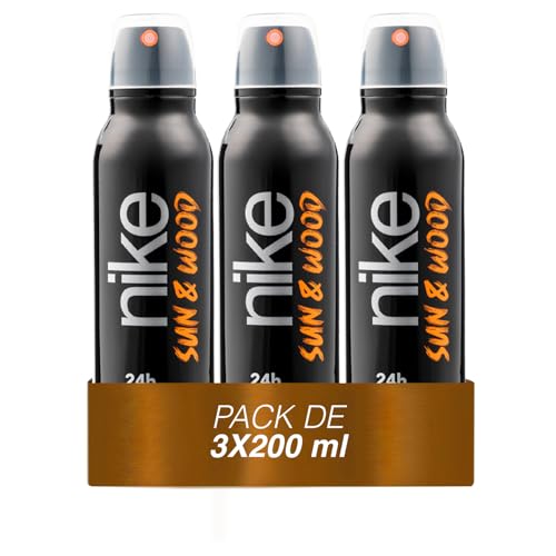 NIKE - Sun & Wood Pack de 3 x 200 ml, Desodorante Hombre Spray, Desodorante Antimanchas para Todo Tipo de Piel, 0% Sales de Aluminio, de Larga Duración, Fragancia Amaderada Frutal Ambarada