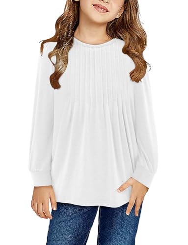 Yoklass Girls Puff Long Sleeve Shirts Crew Neck Front Pleated Tops Casual Loose Dressy Blouses 4-13 Years