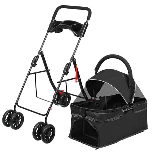 3 in 1 Passeggino per cane gatto con cestino portaoggetti, 4 ruote, pieghevole per cani, leggero e pratico rimovibile, fino a 35 kg, (G) 97 x 49 x 69 cm, nero