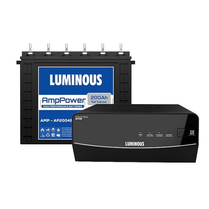 Image of Luminous Inverter & Battery Combo for Home, Shop & Office - PowerSine M 1700 (1500VA /24V) Sine Wave Inverter + AmpPower AP20048TT 200 Ah Tall Tubular Battery| Warranty: 36M (Inverter)+48M (Battery)