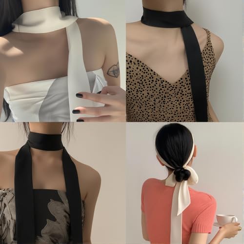 Langer, seidiger Satin-Schal für Damen, 2 m dünnes Band für Haar, Hals und Handtasche, eleganter Schärpengürtel für Kleider (weiß)