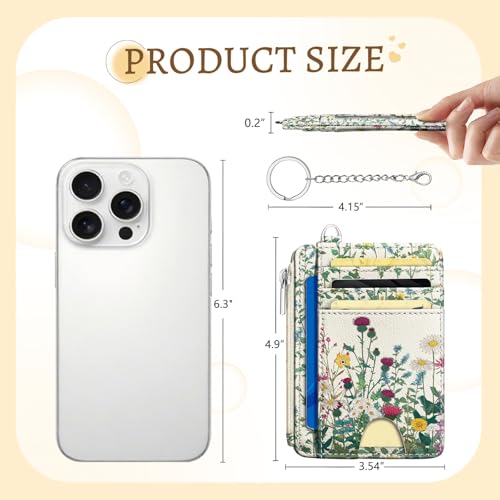 Image of Kelvoris Wildflower Credit Card Holder Small Wallet Women Flowers Slim RFID | Keychain, Zipper Coin Pocket, Front Pocket Thin Travel Card Case, Minimalist, 6 Card Slots, 1 ID Window, Ladies Gifts Woman