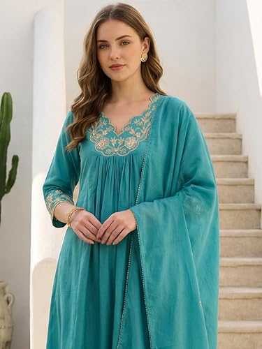 Image of INDO ERA Women's Rayon Viscose Floral Embroidered A-line Kurta Palazzo & Dupatta Set