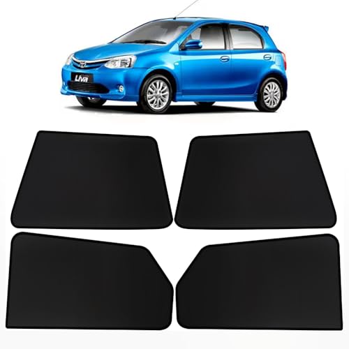 Image of OTO2EYE Car Sun Shade Compatible for Toyota Etios Liva Model-2010-2020, Z-Black Fix Type Side Window Curtains, Only Half Cut in Front Window, 4 Pieces Set