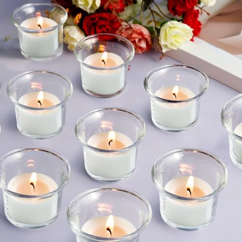 Preocea 24 Pack Tealight Candle Holder, Votive Candle Holder, Glass Candles Holders, Clear Tea Light Holders Bulk for Wedding Birthday Party Dinner Home Decor, Diameter of 4 Centimeters