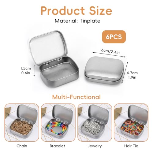 Image of HASTHIP 6 Pcs Small Metal Tin Boxes with Lids - Rectangular Metal Hinged Tin Box Container Mini Portable Storage Container Kit for Crafts, Candies, Spices, Travel & DIY, 6x4.7x1.5cm