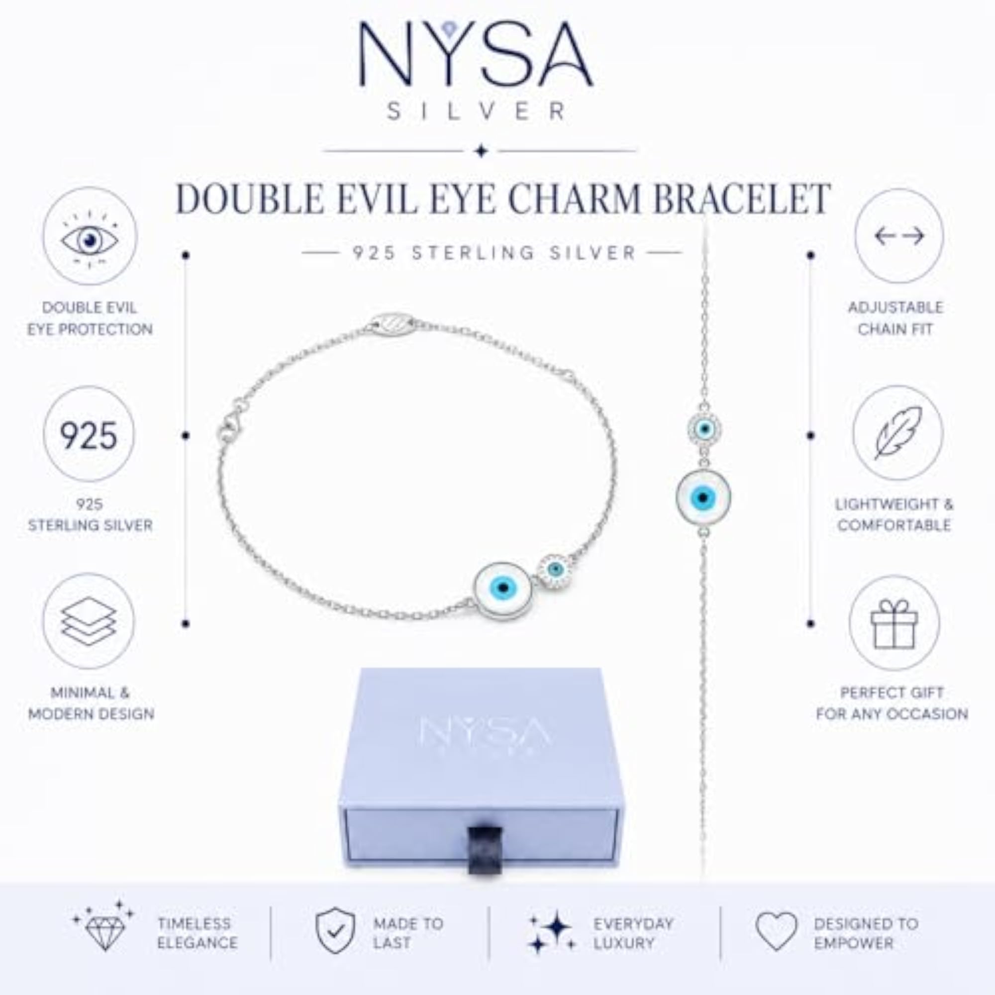 Women's 925 Sterling Double Evil Eye Charm Bracelet
