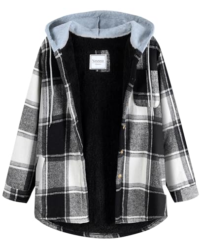 Veusna Womens Plaid Shacket Jacket Long Sleeve Button Down Fleece Hooded Jackets Warm Coat Black/White Small