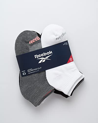 Image of Reebok Womens Quarter Socks Moisture Wicking Cushioned Ankle Socks, 6 Pack | Stretch Performance Fabric, Cushioned Heel & Toe, Secure Arch Support, Quarter Cut, Shoe Size 4-10