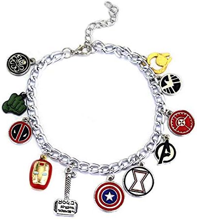 Super Heroes Charm Bracelet with 12 Assorted Multiple Character Logo Charms, Avengers Inspired Stylish Jewelry, Fantastic Fans' Collectible Jewelry Merchandise
