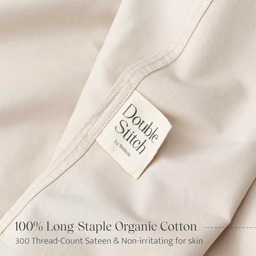 Double Stitch Queen Size Sheet Set,4PCS Soft & Breathable Cotton Organic Cotton Queen Sheet Set,Luxury 300 TC Sateen Weave Bed Sheets for All Season,100% GOTS Certified Long Staple Cotton, Linen