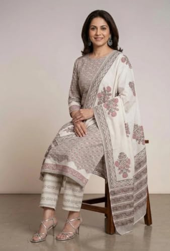 Image of Eddika women unstitched hand block printed cotton suit set with mulmul dupatta ehbpcswmd0120P