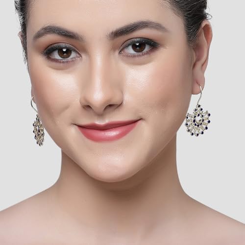 Image of Karatcart Silver Tone Diamond Shape Pink and Blue Carved Stone Studded Drop Earrings for Women