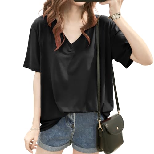 [SLEEPSINERO] tシャツ ティーシャツ レディース 半袖 【上半身の厚みを隠す！Vネックで痩せ見え】 レディーストップス オーバーサイズ ゆったり 透けない 吸汗速乾 通気 夏服レディース カットソー 長め おしゃれ (L,ブラック)のサムネイル
