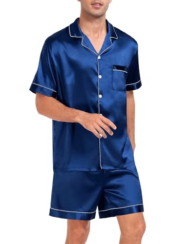 Image of SWOMOG Men Silk Pajama Set Short Sleeve Satin PJs Sets 2 Piece Button Down Sleepwear Soft Summer Loungewear with Pockets