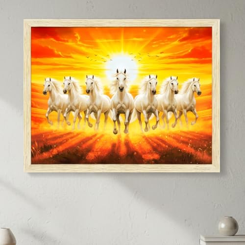 Image of ArtX Canvas 7 Horses Painting Vastu Frame Wall Art Painting, White Running Horses With Rising Sun, Wall Decor, Multicolor, Nature, 61.0 X 48.0 cm, Framed, Set of 1