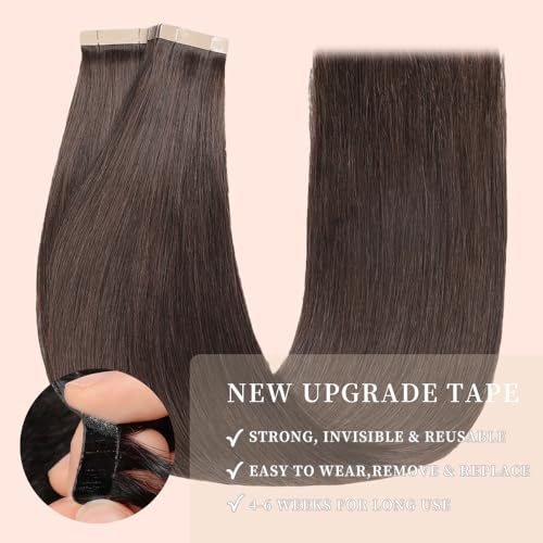 Image of Tape in Hair Extensions Human Hair 20pcs Remy Hair Extensions 18 Inch Darkest Brown Straight Invisible Human Hair Tape in Extensions Skin Weft Tape Extensions Human Hair (2#,18 Inch)