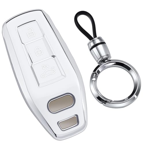 Lcyam Key Fob Cover Silver Edge Compatible with Audi 2025 2026 Q6 A5 A5L A6 A6L Q6L E-tron Smart Car Key, with Detachable Keychain (White)