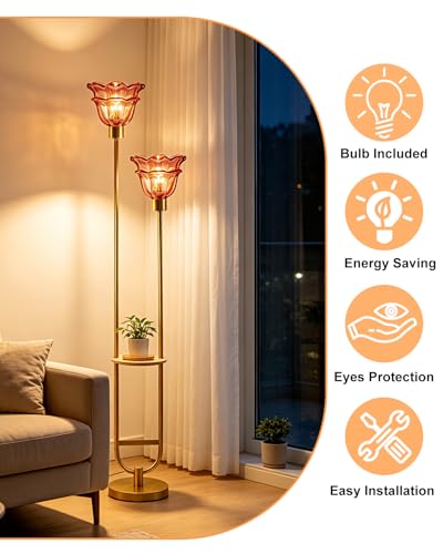 Image of Lightdot Flower Glass Floor Lamp with Table for Living Room 2-Lights Modern Gold Standing Tall Lamps with Pomegranate Red Glass Shade,LED Floor Lamp with Foot Switch for Bedroom (Bulbs Included)