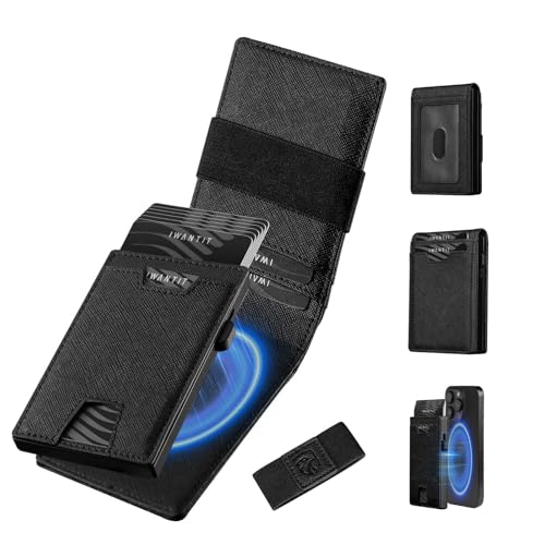 Image of iwantit 3 in 1 Magsafe Wallet Men: Bifold Wallet + Magnetic Wallet for iPhone - Detachable Cash Strap, Smart Pop Up Card Holder, ID Window, Premium Leather (Cross Grain Black)