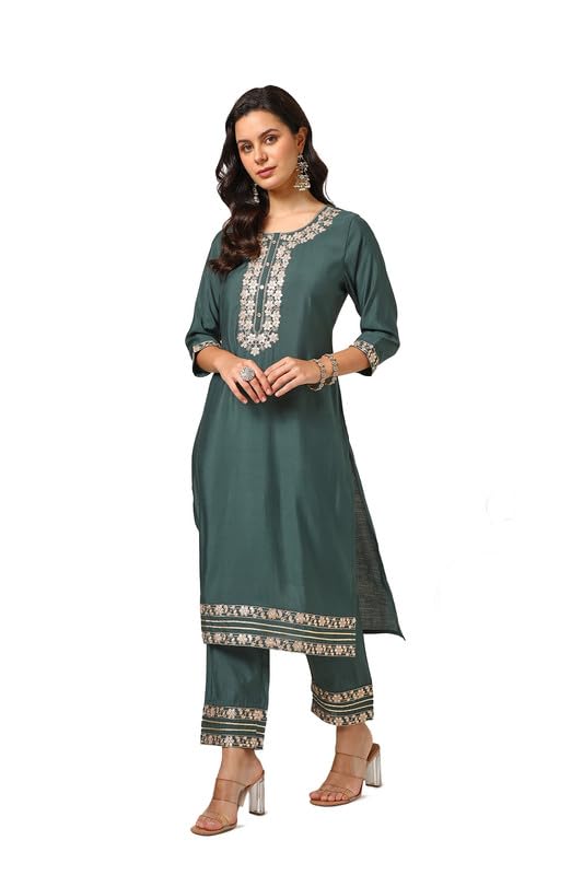 Image of Soch Womens Green Muslin Blend Embroidered Kurta Set With Gotta Patti