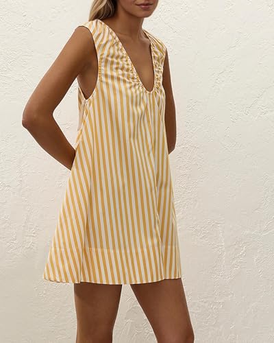 Image of OLAPTA Women Summer Sleeveless Babydoll Mini Tank Dresses Loose Fit Scoop Neck Ruched Short Dress with Pockets Party Clubwear