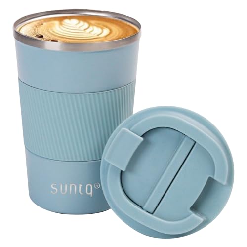 SUNTQ Kaffeebecher to go Thermo aus Edelstahl - Thermobecher mit Gummierte Manschette Doppelwand Isoliert - Kaffeetasse mit Auslaufsicherem Deckel Wiederverwendbar