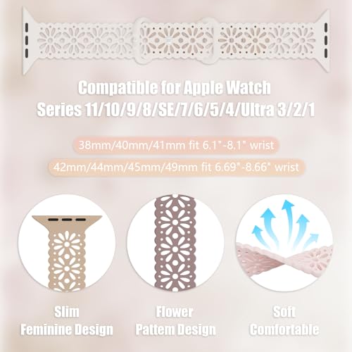 Image of 5 Pack Slim Lace Silicone Compatible for Apple Watch Band 38mm 40mm 41mm 42mm 44mm 45mm 46mm 49mm, Thin Hollow-out Breathable Strap for iWatch Ultra 3 2 1 Series 11 /10 /9 /8 /7 /SE /6 /5 /4 /3 /Women Men