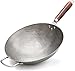 Wok in Acciaio al Carbonio Padella Tradizionale Martellata a Mano con Manico in Legno Helper, Fondo Tondo, 14 Pollici, per deliziosi Piatti Wok