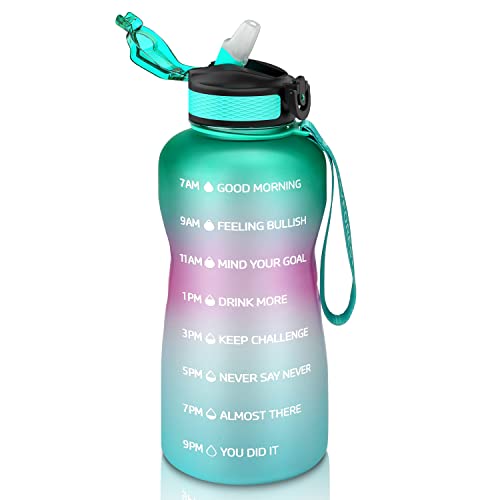 MYFOREST Wasserflasche mit Strohhalm, BPA-frei, 2,2 Liter, Sport-Trinkflasche mit Zeiten, 2200 ml, auslaufsicher, Sport-Trinkflasche mit Klappdeckel für Fitnessstudio, Yoga, Camping Cover