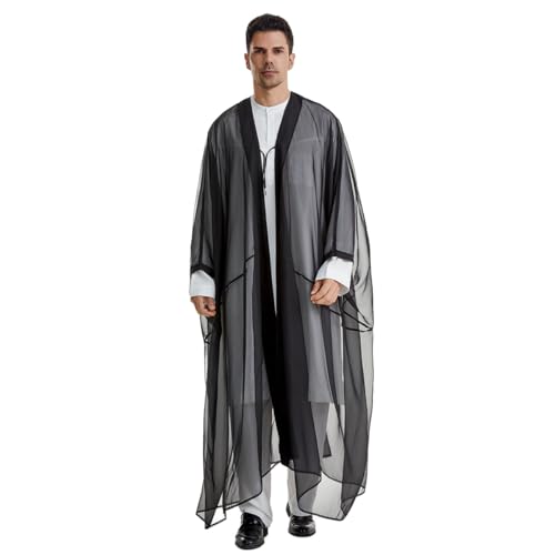 Muslim Men's Pure Color Long Sleeves Bisht Cardigan Robe Dubai Abaya (Black, Large)2