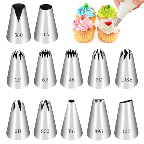 12 Pcs Douille Patisserie, Douilles à Pâtisserie Professionnelle Inox, Douille Cannelée, pour Gâteaux, Muffins, Décoration de Biscuits (12 Motifs...