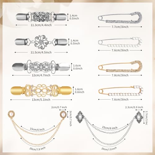 Image of 10 Pcs Vintage Sweater Shawl Clips Pearl Brooch Sweater Shawl Safety Pins, Women Brooch Pins Sweater Shawl Clips Faux Crystal Pearl Brooches Cardigan Collar Holders Vintage Sweater Shawl Chain Clips (Silver and Gold)
